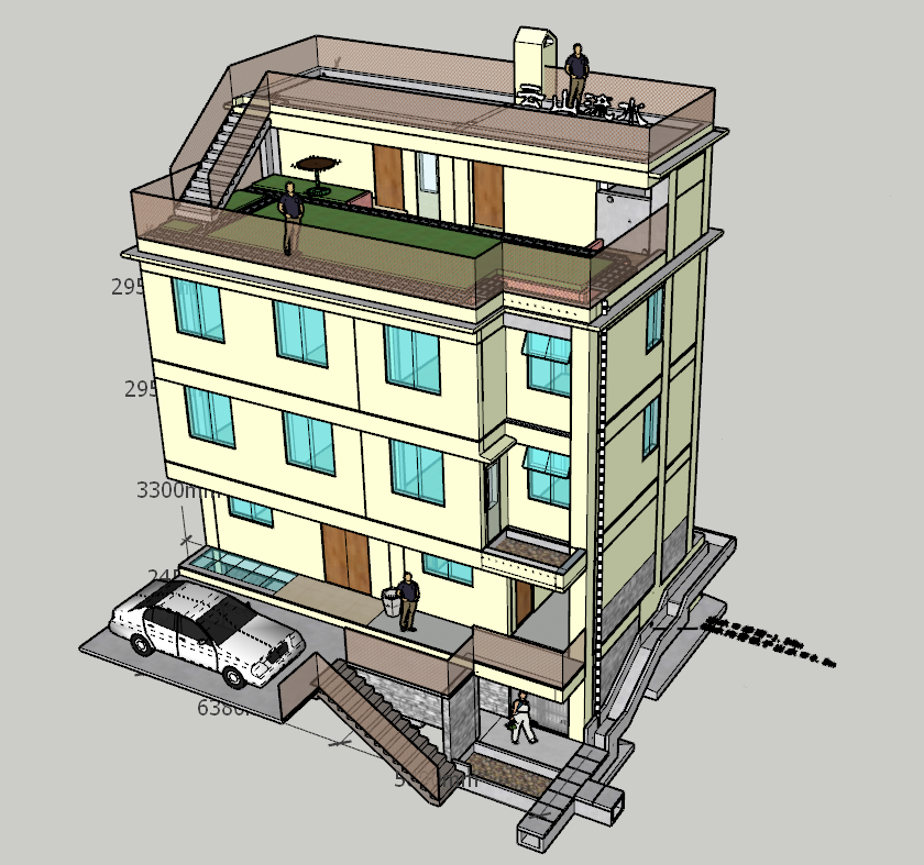 占地96平米自建房全套图纸及三维模型-地下1层 地上3层半